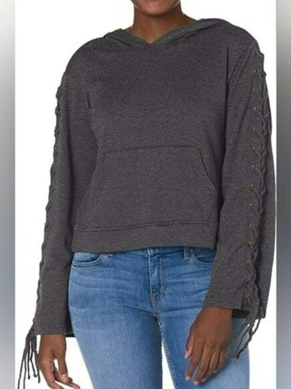 Cupcakes & Cashmere Lace up Long Sleeve Cropped Hoodie in Medium